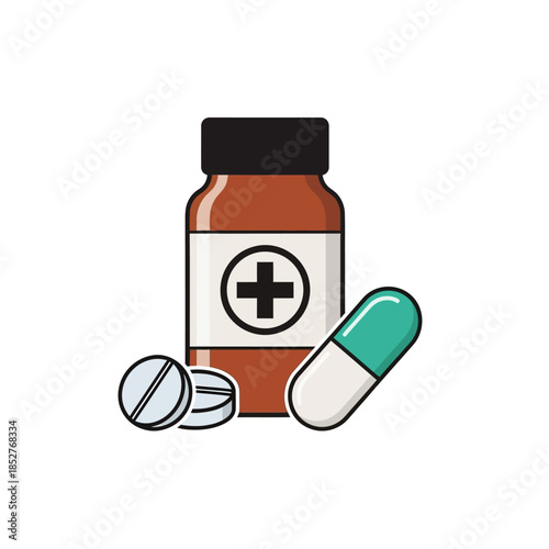 illustration of a medicine bottle with tablets and capsules emphasizing healthcare and