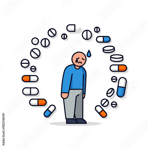 Illustration of a sad man overwhelmed by multiple pills and capsules representing medication