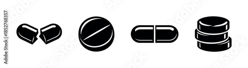 Medicine and pills, round tablet, capsule, flat vector illustration