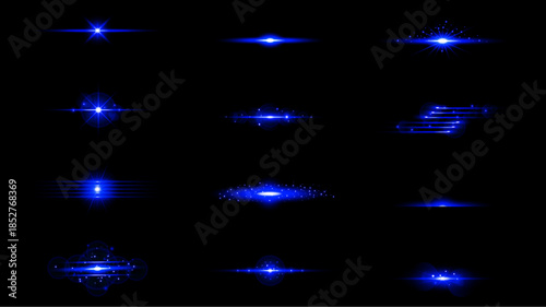 Light flare and lens effect set with glowing beams, rays, lines, sparkles and abstract light shapes isolated on dark background. Decorative glow elements for overlays, backgrounds, visual effects, fes