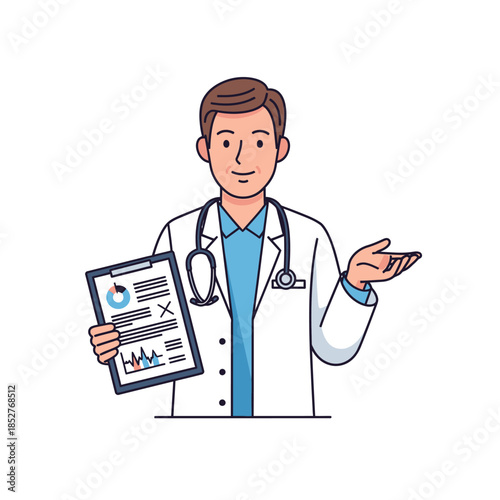 Illustration of a Friendly Male doctor Holding a digital tablet with health data and explaining