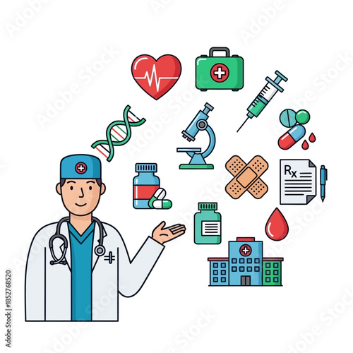 Comprehensive medical icon set illustrating healthcare concepts and medical tools for digital