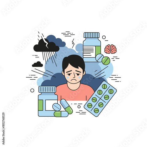 Illustration Depicting a Person Suffering from Cold and Illness Symptoms with Medicine and Cloudy