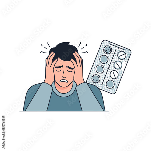Young man experiencing stress and frustration with medication blister pack in a minimalistic