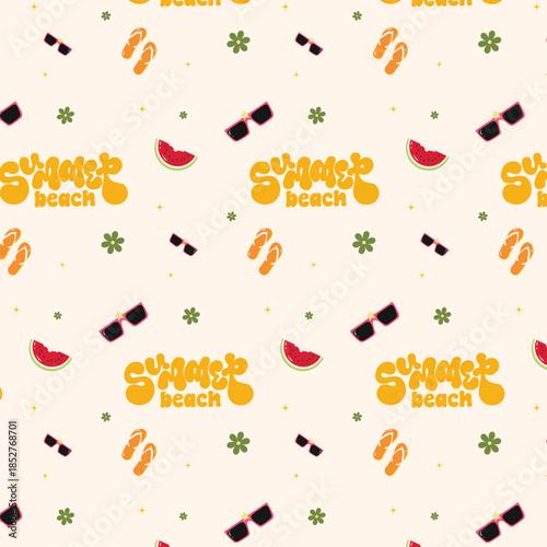 Summer Beach Seamless Pattern with Sunglasses, Watermelon and Flip Flops