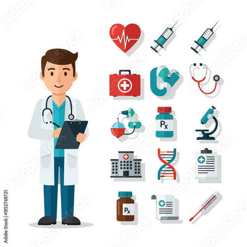 Compendium of Medical Icons Featuring Healthcare Professionals and Medical Equipment in a Modern