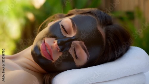 Woman Enjoying Soothing Skin Therapy Outdoors, Relaxing Woman With Mud Mask In Lush Tropical Garden