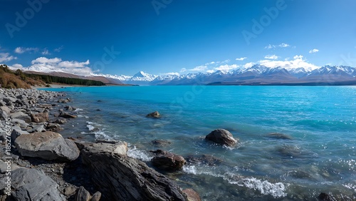Panoramic View of Pukaki Lake with Stunning Blue Waters and Mountains