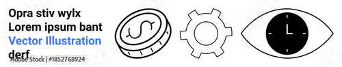 Coin symbolizing finance, gear representing productivity, and eye with clock focused on vision. Ideal for business strategy, efficiency, innovation, finance, planning, vision boards simple landing