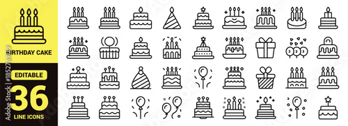 A collection of various black and white outlined icons depicting cakes party hats and celebratory elements, birthday cake, food