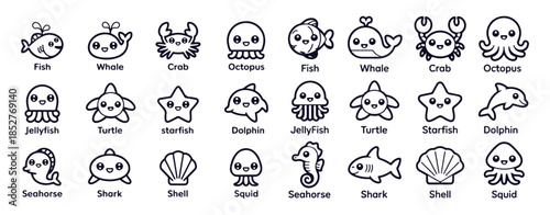 Cute kawaii sea creatures icons collection flat design style vector