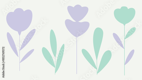 Minimal floral shapes vector in pastel lavender and mint, soft abstract botanical background with smooth forms, gentle gradients, and airy negative space