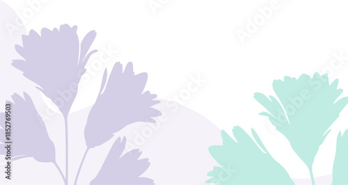 Soft minimal floral silhouettes vector in pastel lavender and mint with smooth shapes, gentle gradients, airy negative space, modern abstract botanical background