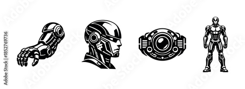 Robot and cyber elements, futuristic, mechanical, flat vector illustration