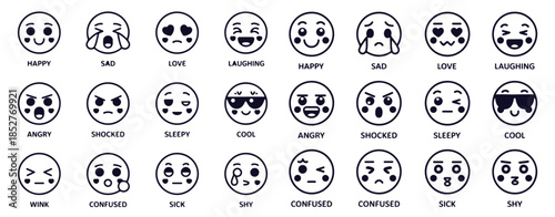 Cute kawaii emoji faces icons collection flat design style vector