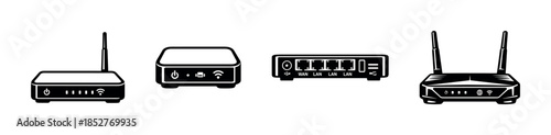 Router and modem devices, flat vector illustration of wifi technology equipment