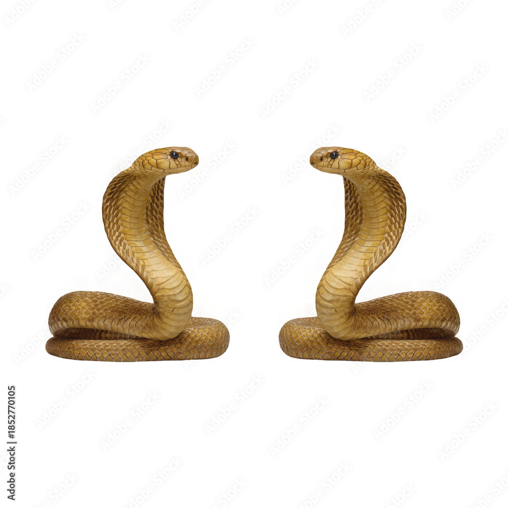 Fototapeta premium Two golden cobras facing each other isolated on a transparent background