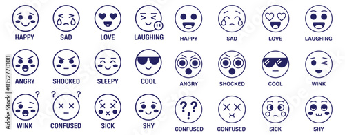 Set of cute happy sad love laughing angry shocked sleepy cool wink confused sick shy emoticons