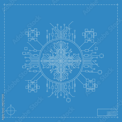 Microchip schematic blueprint design on a blue background