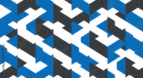 Isometric geometric maze pattern in blue, gray, and white background
