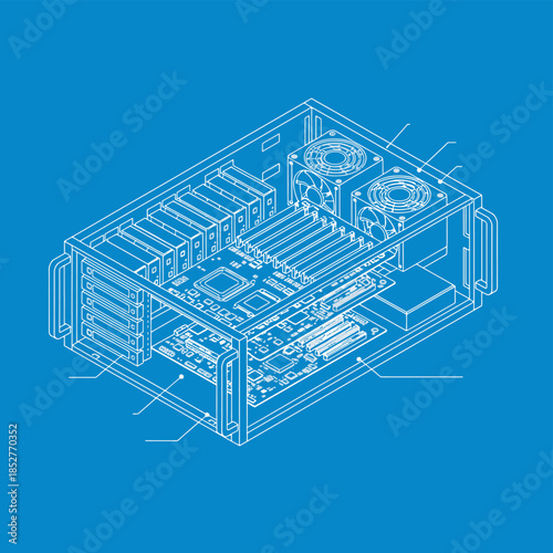 Isometric blueprint illustration of a server computer chassis internals
