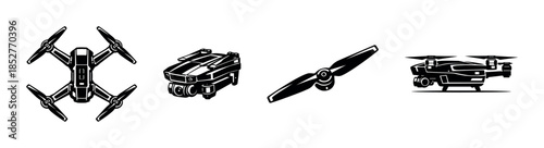 Drone and quadcopter silhouettes, flat vector illustration with modern aerial designs