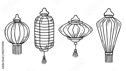 Hand drawn Chinese lantern set, doodle sketch isolated on white. Round, rhombus and long lantern with tassel and fringe. Black and white line drawing. Vector clipart illustration.