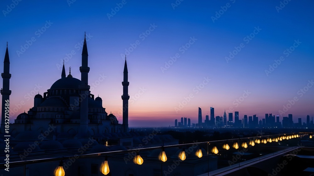 Naklejka premium Mosque Silhouette Merging with Modern Skyline at Twilight Ramadan Night