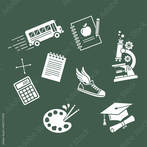 White School and Education Icons Collection on Chalkboard Background