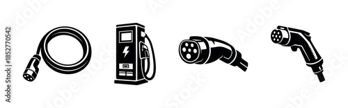 Electric vehicle charging station elements, cable and plug, flat vector illustration