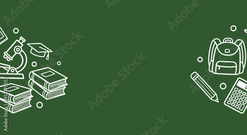 Education concept background with outlined school supplies on chalkboard.