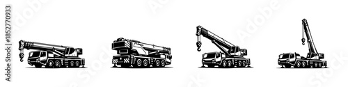 Heavy construction vehicles, crane trucks, lifting machines, flat vector illustration