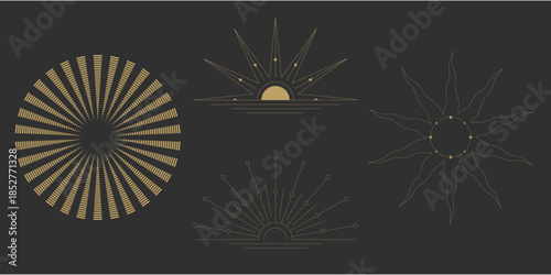 Sun line boho sunrise gold logo icon art moon sunburst form an abstract graphic. It moves with vintage or modern style. A bright zodiac element.