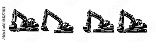 Excavator collection, construction machinery in action, flat vector illustration