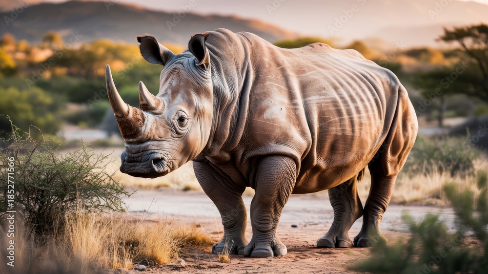 Fototapeta premium A majestic rhinoceros stands in a serene landscape, showcasing its impressive horns and distinct skin texture under the warm sunlight.