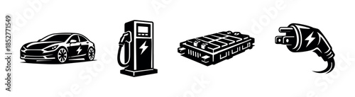 Electric vehicle components, plug, charging station, battery, flat vector illustration