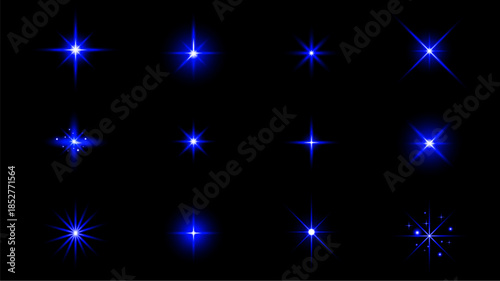 Abstract star light flare and glow effect set featuring radiant points, sparkling rays, luminous beams, and subtle light particles isolated on a dark background. Decorative light effects suitable for 