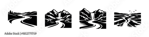 Mountain landscape, river scenes, flat vector illustration, nature silhouette design
