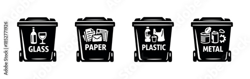 Recycling bins collection, paper, plastic, glass and metal, flat vector illustration