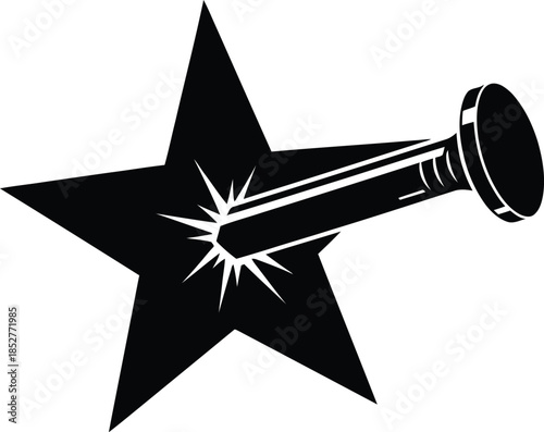 Star symbol with nail striking through it in black and white