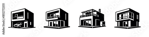 Modern house designs, flat vector illustration, architectural, black and white art