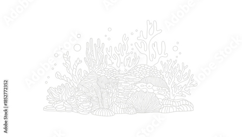Detailed Outline of Coral Reef Ecosystem with Diverse Marine Life.