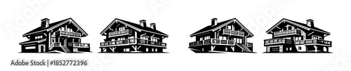 Chalet house designs, flat vector illustration, cabins, architecture, black and white