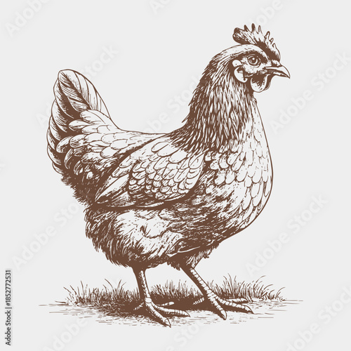 Vintage engraving illustration of a hen standing on the grass. Animal sketch in retro etching style, perfect for egg packaging, organic farm branding, labels, and country-style designs.