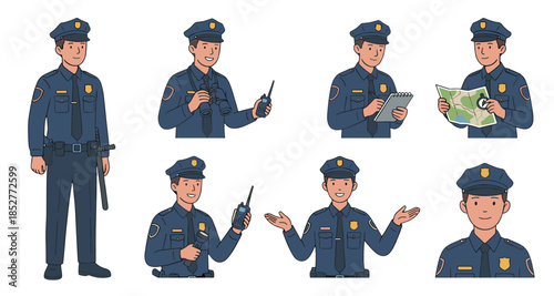 Set of Police Officer Illustrations Showing Different Actions and Poses