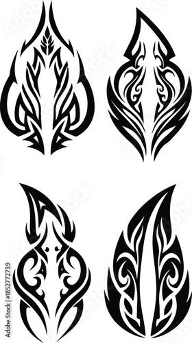 Set of mystical blackwork tribal tattoo elements featuring stylized teardrop silhouettes and intricate flame-like leaf patterns for vector body art.