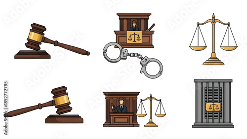 Justice and Legal System Icons Gavel, Scales of Justice, Handcuffs, Courtroom, and Prison Cell Symbols