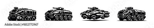 Futuristic military vehicles, armored transport, flat vector illustration, tech-style design