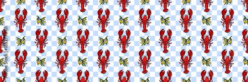 Seamless Mediterranean seafood pattern with red lobster plates and yellow lemons on a blue checkered background. Decorative repeat for kitchen textiles, table linens, packaging and restaurant design