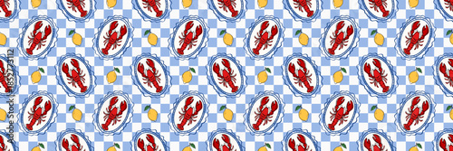 Seamless Mediterranean seafood pattern with red lobster plates and yellow lemons on a blue checkered background. Decorative repeat for kitchen textiles, table linens, packaging and restaurant design